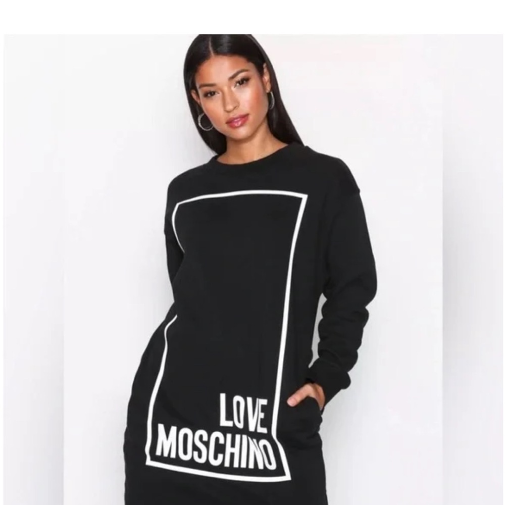 Love Moschino Black Sweatshirt dress with silver Logo.